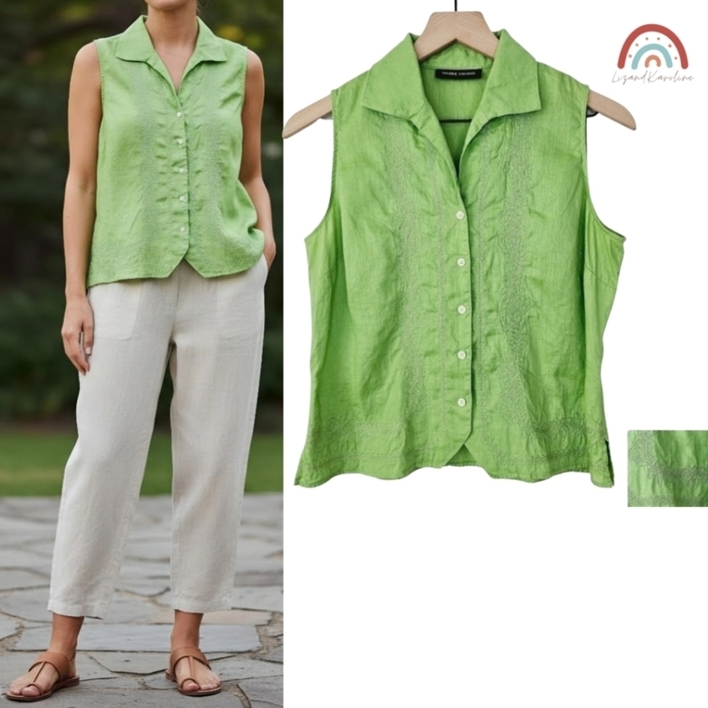 Vintage Valerie Stevens 90s Y2K Linen Embroidered Sleeveless Button Down Top